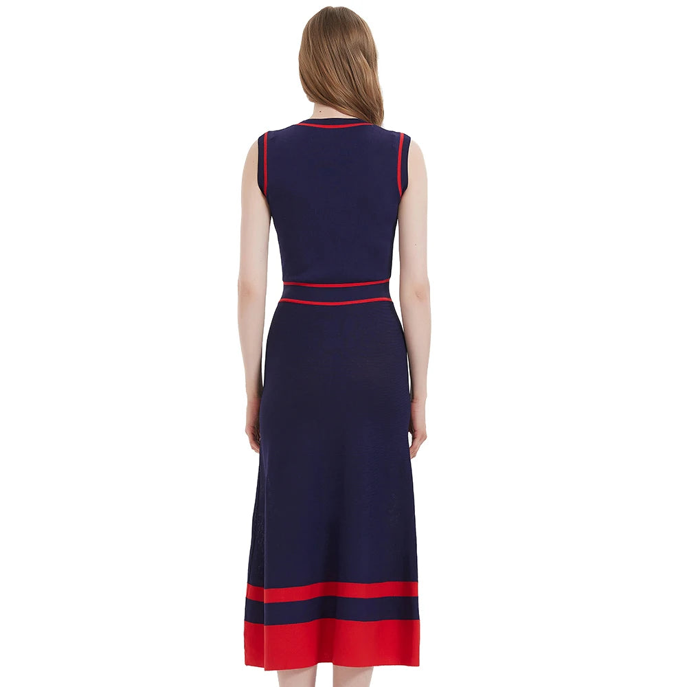 Women’s Navy Sleeveless Knit Dress – Mid-Calf A-Line