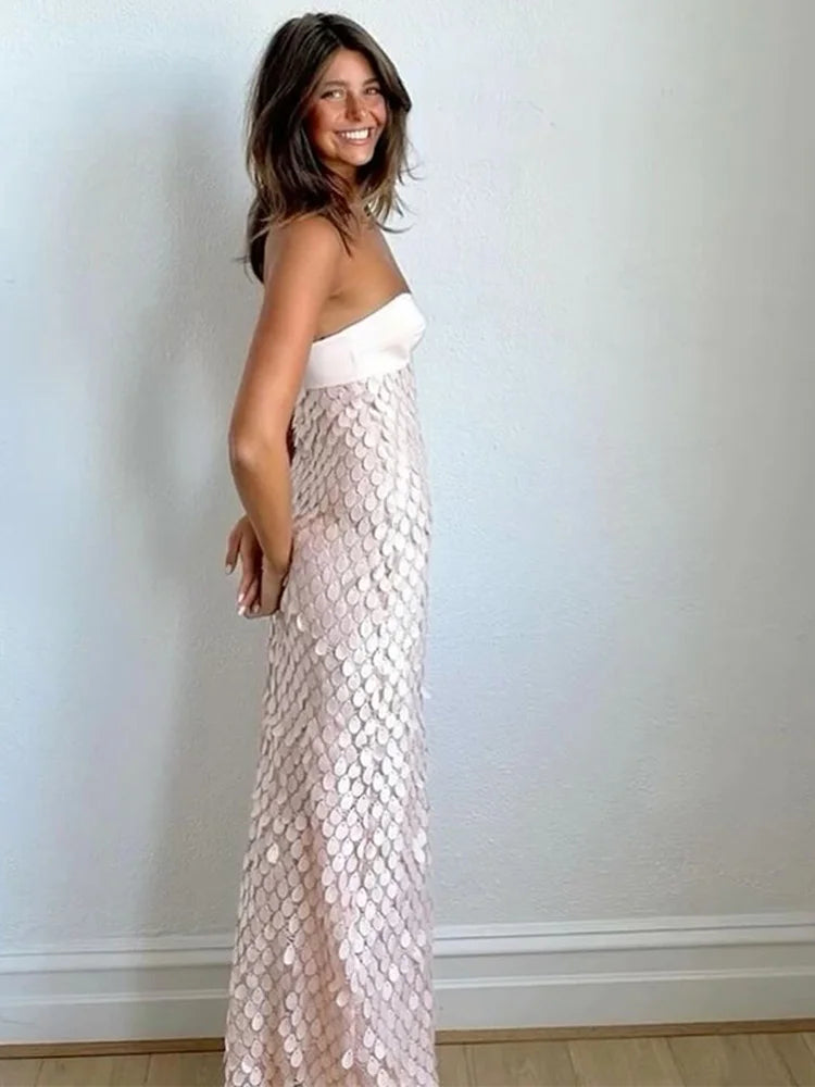 Sexy Satin Long Dress – Sleeveless Patchwork Tube Top, Backless Design