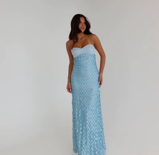 Sexy Satin Long Dress – Sleeveless Patchwork Tube Top, Backless Design