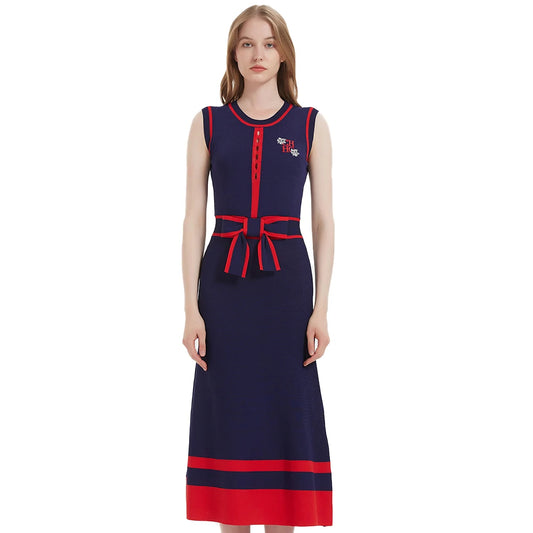 Women’s Navy Sleeveless Knit Dress – Mid-Calf A-Line