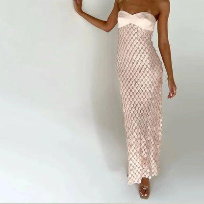 Sexy Satin Long Dress – Sleeveless Patchwork Tube Top, Backless Design