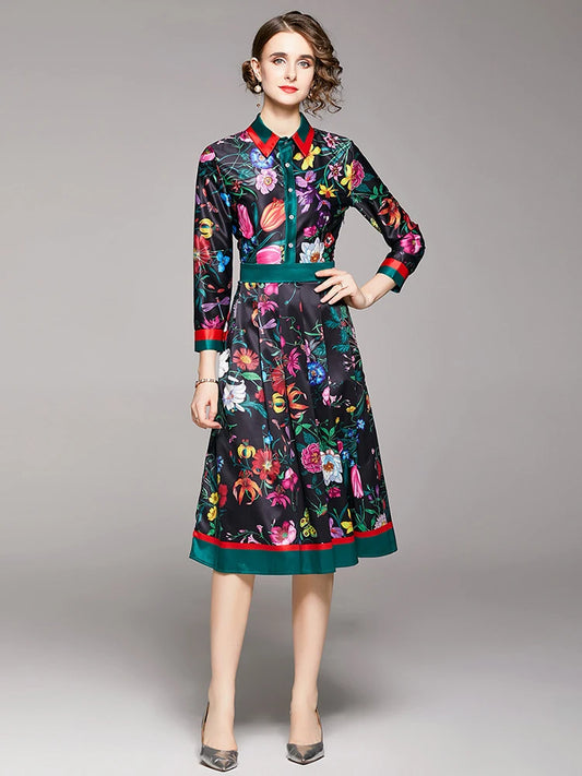 Striped Floral Midi Dress – Turn-Down Collar &amp; Pleated Fit