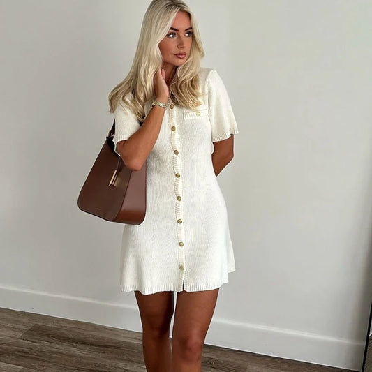 White Women Ribbed Mini Dress – Slim Fit & Metal Button Detail